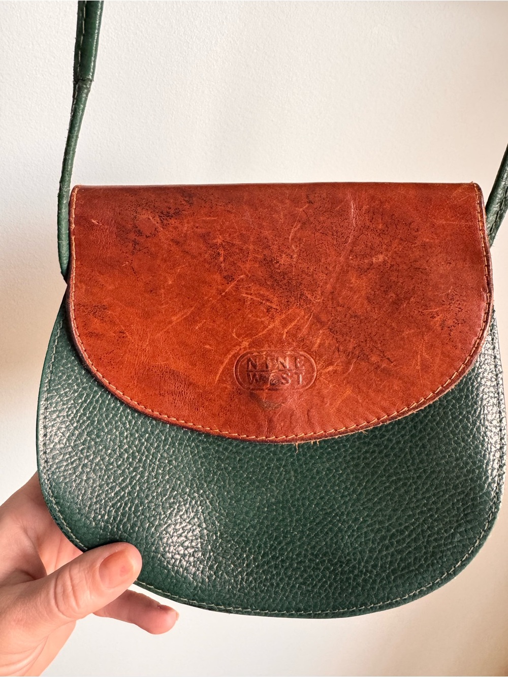 Vintage Nine West Green and Brown Leather Crossbody Bag